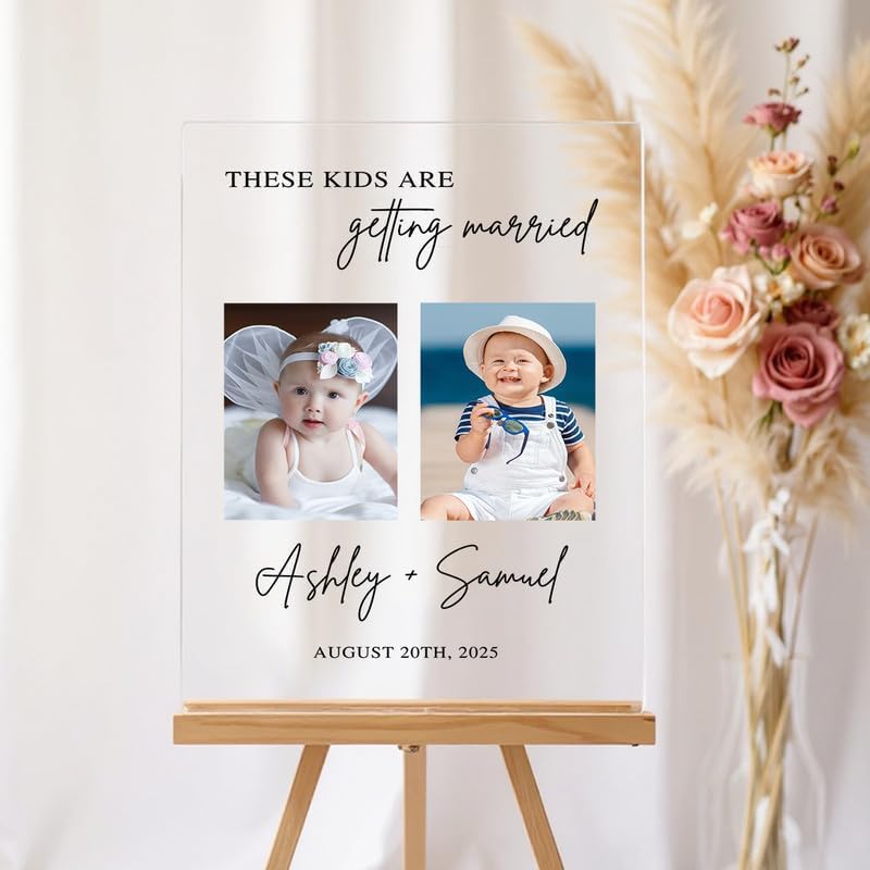Elegant These Kids are Getting Married Sign, Rehearsal Dinner Welcome Sign with Photos, The Night Before Wedding Welcome Clear Acrylic & Plastic Sign, Wedding Rehearsal Dinner Decorations
