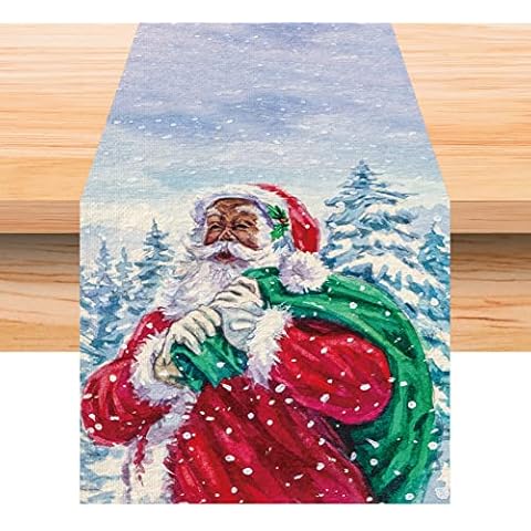 Jiudungs Camino de mesa de lino negro Santa Navidad Cover