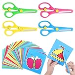 4 Pcs Kids Scissors with 93 Colorful Animal Paper-Cuts, Childrens Safety Stainless Steel Scissors Safety Edge Plus Stretch Design Right/Left Handed