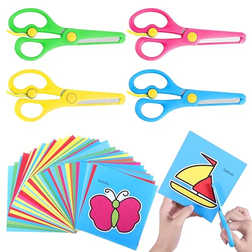 4 Pcs Kids Scissors with 93 Colorful Animal Paper-Cuts, Childrens Safety Stainless Steel Scissors Safety Edge Plus Stretch Design Right/Left Handed
