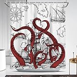 Matériau et taille : le rideau de douche imprimé pieuvre nautique mesure 152,4 cm de large x 182,9 cm de long; polyester de haute qualité; comprend douze crochets en plastique