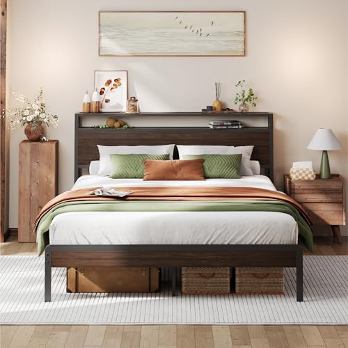 LIKIMIO Full Bed Frame with Headboard, Dark Wood Camas Full