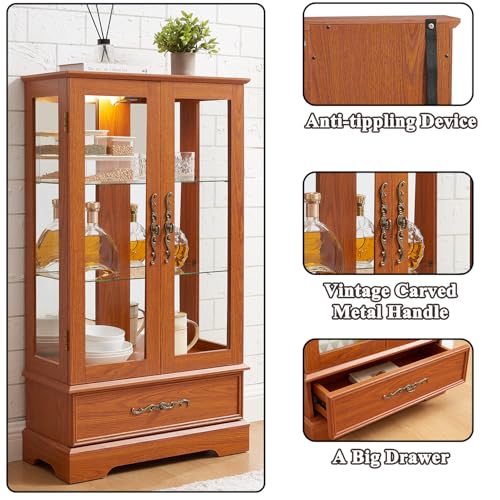 Image of 47 inch H Lighted Curio Cabinet Display Case, Glass Cabinet with Adjustable Shelves,Tempered Glass Door and Drawer, Wooden Curio Cabinet with Mirrored Back Pane for Living Room (Dark Oak)