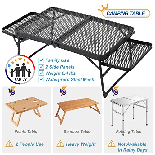 Skiken Small Low Camping Table With Wing Panels, Folding Low Picnic Table, Sturdy Steel Mesh Outdoor Table, Waterproof And Heat Resistant, Aluminum (3Ft, Black) #TOP1