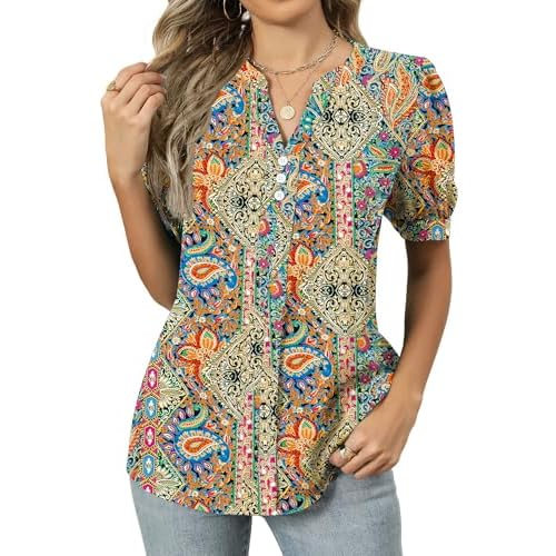 Kistore Women's Short Sleeve Tops Dressy Casual Business Work Blouses V Neck Chiffon Top Office Shirts XX-Large B Boho Printed