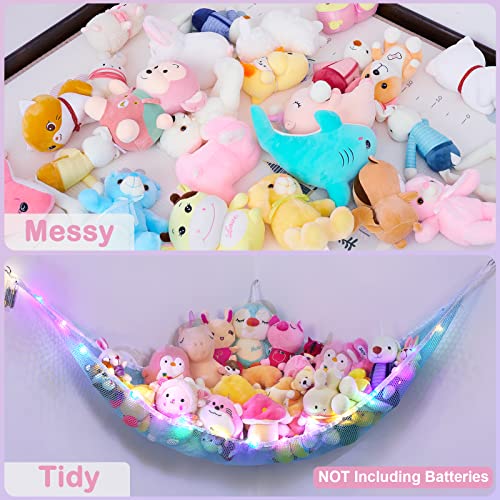 Fiobee Stuffed Animals Net Or Hammock, Stuffed Animals Storage Holder Toy Hammock Organizer Hanging With Led Light Photo Clips For Nursery Play Room Kids Bedroom Pack Of 2 #TOP6