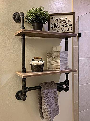 Kkle Industrial Pipe Shelf,Rustic Wall Shelf With Towel Bar,24 Towel Racks For Bathroom,Pipe Shelves Wood Shelf Shelving (2-Layer) #TOP1