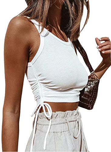 Artfish Women s Sleeveless Shirt Ribbed Drawstring Side Ruched Scoop Neck Basic Crop Tank Top (01# White,XS)