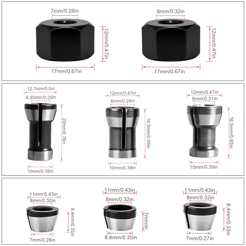 ZHIYUQL® 8 Stück Spannzangen Set, Oberfräse Zubehör, Spannzangen Adapter, Fräszubehör 6 Klemm Adapter (6 mm, 6,35 mm, 8 mm) + 2 Muttern für Graviermaschine, Holzfräser, Trimmen und Graviermaschine
