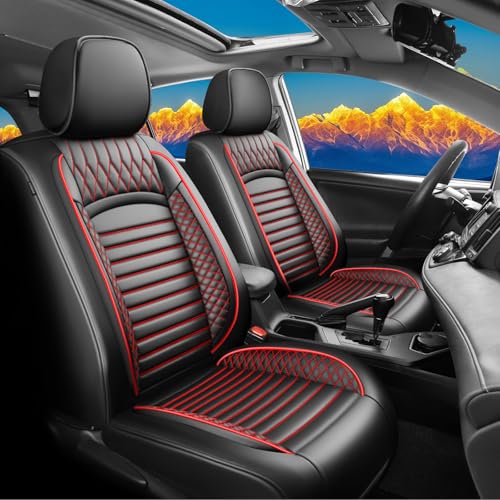 Image of Fit RAV4 Car Seat Covers for Toyota RAV4 2013-2018 LE,XLE,SE,Hybrid,Premium, Limited - Upgraded Premium Waterproof & Breathable Leather,All-Weather Seat Cushion Protector,Full Set,Black+Red