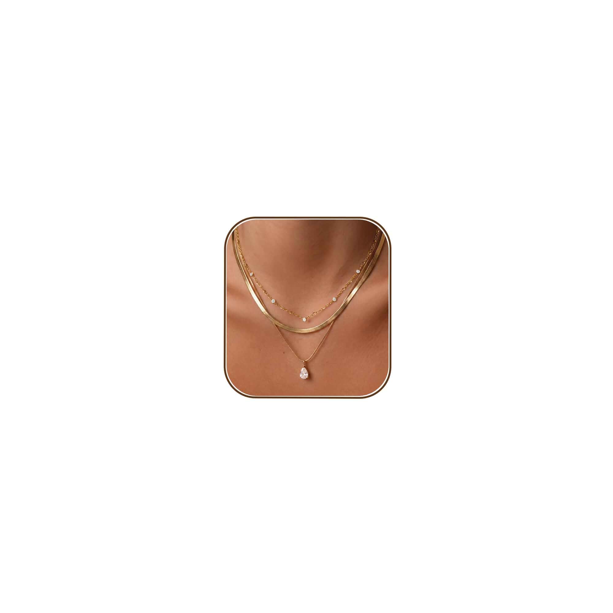 Layered Necklaces for Women, Gold Necklace Stack Set, Trendy Dainty 14K Gold Plated Stacked Layering Herringbone Chain Cubic Zirconia Pendant Necklace, Non Tarnish Waterproof Jewelry, Accessories Gifts for Women