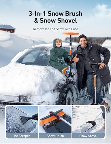 AstroAI 2" 1 Ice Scraper & Snow Shovel Kit, 47.2" Ice Scrapers for Car Windshield and 360° Pivoting Snow Brush, Extendable Snow Shovel with Foam Grip for Car, Trucks, SUVs, Vehicles(Orange)