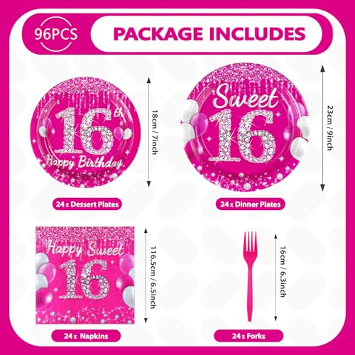 Image of Grencian 96 Pcs Hot Pink 16th Birthday Party Supplies for Girls, Serves 24 | Hot Pink Sixteenth Birthday Plates and Napkins Tableware Sets for Girls Happy 16 Year Old Birthday Party Favors