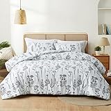 Maple&Stone Queen Comforter Set, White Comforter with 2 Pillow Shams, 3 Pieces Floral Print Bed Set (Queen, White)