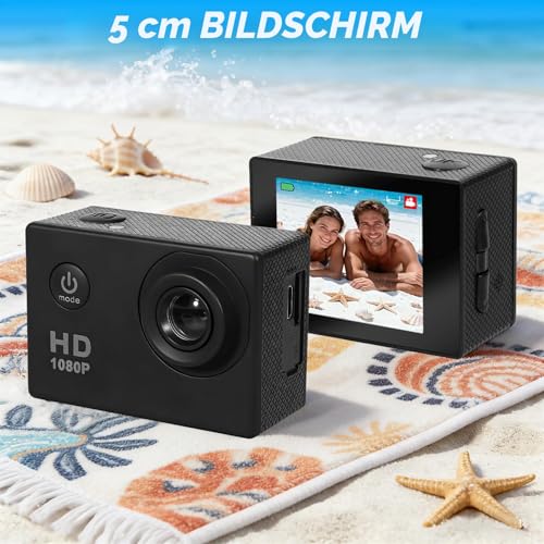 PQETBV Action Cam FHD 1080P/12MP, Wasserdicht Unterwasserkamera bis 30M, 120 Grad Weitwinkel Action Kamera mit Zwei 900 mAh wiederaufladbare Akkus und Zubehör-Set