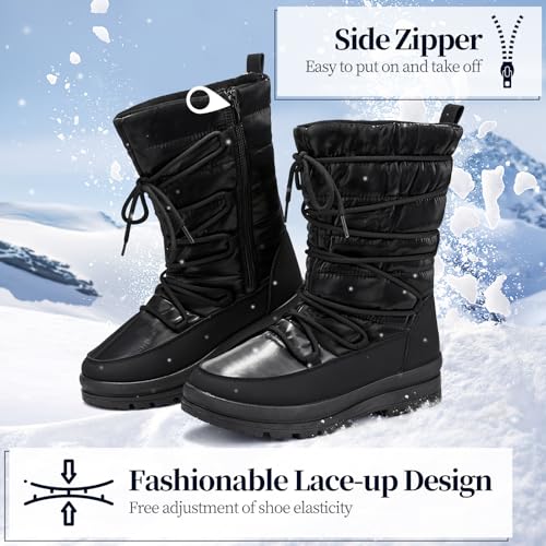 Snow Boots for Women Fur Winter Boots Waterproof Ski Boots Women's Mid Calf Boots Furry White Lace up Boots with Zipper3