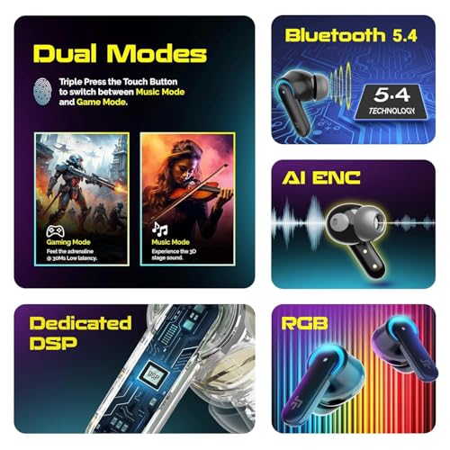 CrossBeats Fury Max Gaming TWS in-Ear Buds |100hr Playtime Bluetooth Earphones | RGB Lights | BT v5.4 | 30ms Low Latency | 360° Spatial Audio | 3D Sound Stage | 6 mics AI ENC | Dual EQ Modes(Black) view 2