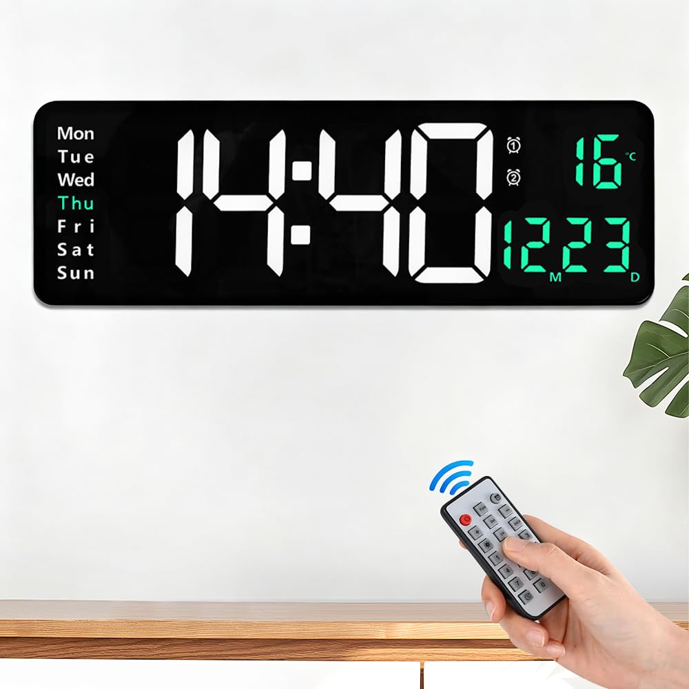 16IN Large Digital Wall Clock, 10-Level Dimmer LED Digital Wall Clock with Remote Control, Dual Alarms, Date Week Temperature Display, LED Wall Clock for Home Office, Classroom, Gym(Green)