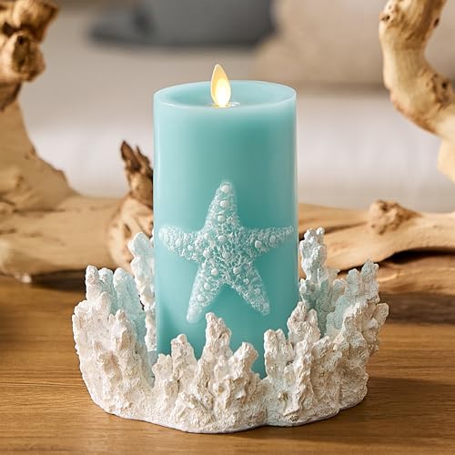 Image of Luminara Embossed Starfish Flameless LED Candle Moving Flame Pillar Unscented Real Wax with Recessed Edge - 3 inch x 6.5 inch (Soft Teal)