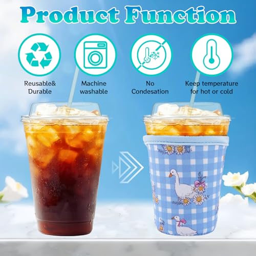 Image of 3 Packs Reusable Iced Coffee Sleeves Blue White Plaid Goose Drink Sleeve