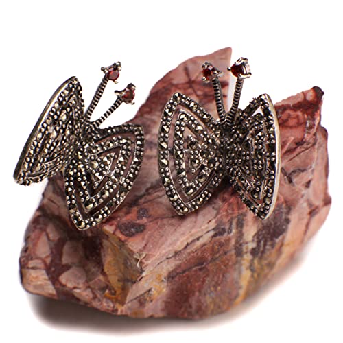 Vintage Marcasite 925 Sterling Silver, Garnet eye Butterfly Earrings Post,