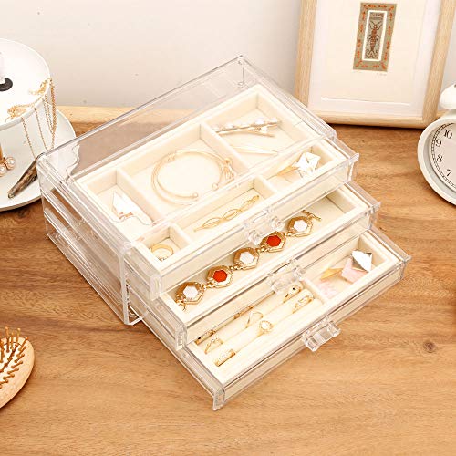 ROWNYEON Jewelry Organizer Acrylic Clear Jewelry Box 3 Drawers, Velvet Jewelry Storage Jewelry Holder Jewelry Tray for Earring Rings Necklaces Bracelets Display Case Gift for Women-Beige