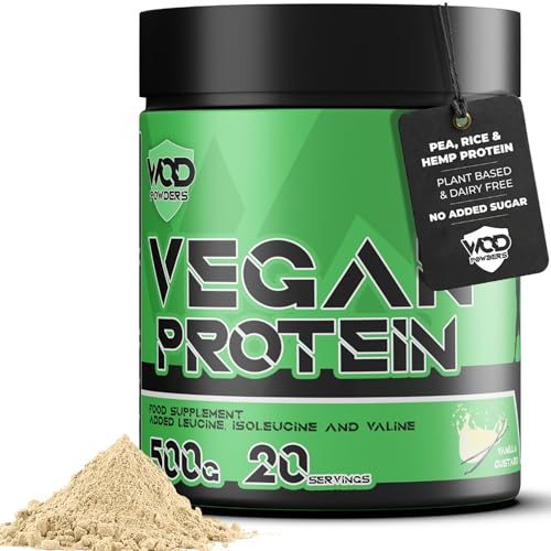 Vegan Protein - Protein Powder Blend - WOD Powders | 3 Plant Based Vegan Protein Powders | High in Fibre, Low Carb, Low Fat, Low Sugar, Dairy-Free - (Vanilla Custard)