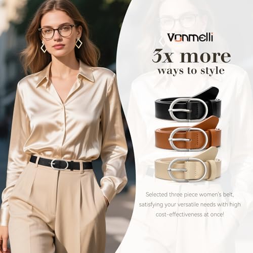 Image of VONMELLI 3 Pack Women's Belts for Jeans Pants Fashion Gold Buckle Ladies Dress Belt