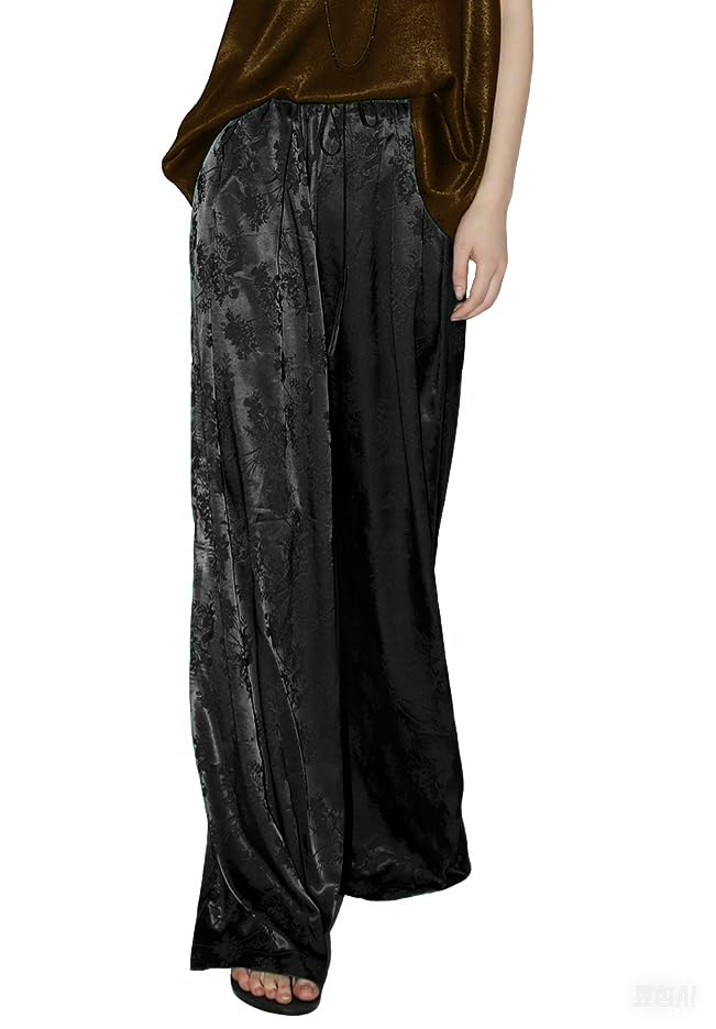 Women's Satin Wide Leg Pants Floral Textured Silky Casual Slacks High Waist Pants4