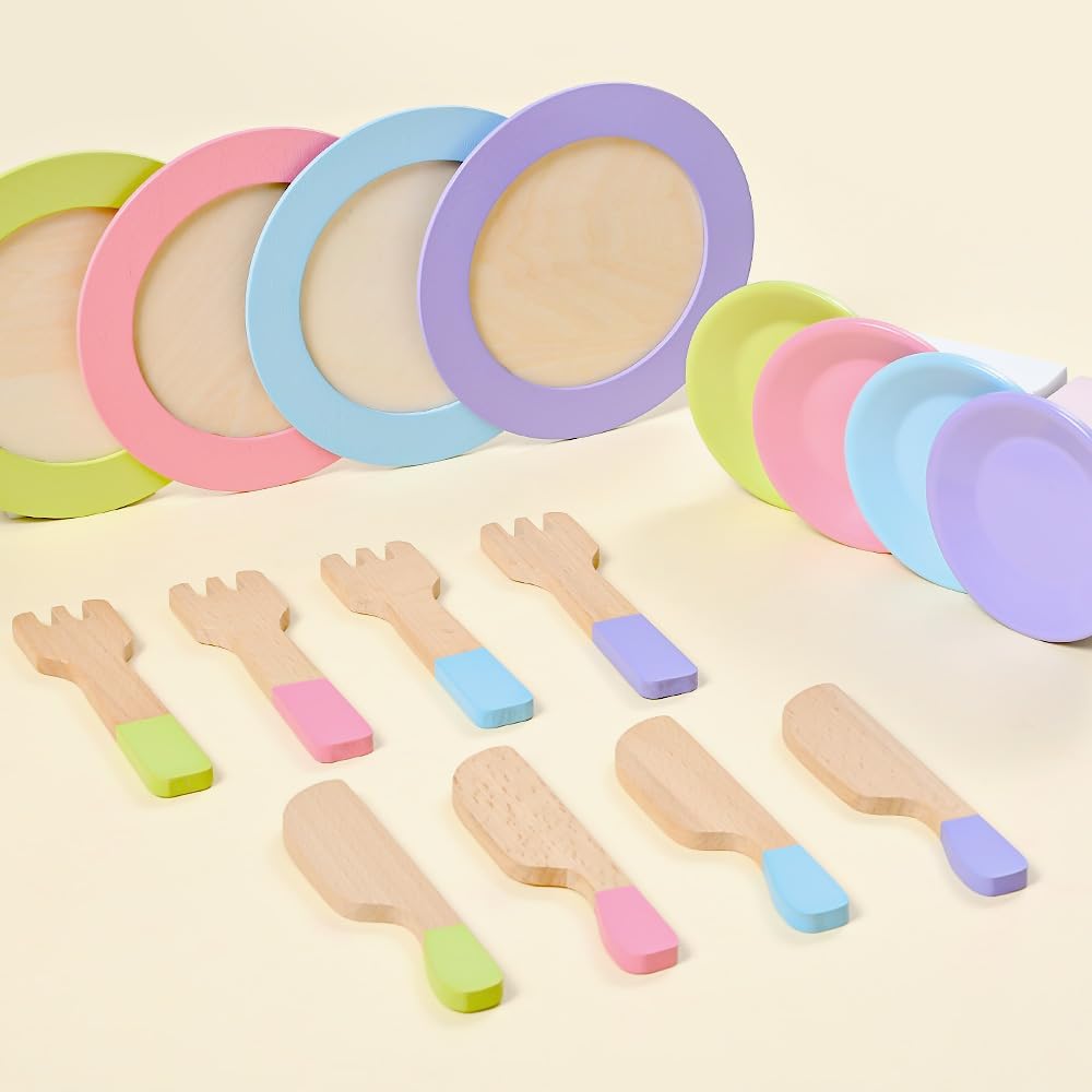 Toyssa 34 PCS Wooden Play Dishes and Plates Kitchen Set Toys for Toddler, Kids Play Kitchen Accessories with Pan & Tableware, Montessori Pretend Cooking Set Birthday Gifts for 3 4 5 6 Years Girls Boys