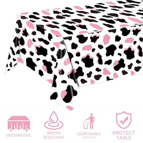 Image of LINHAXM 3 Pack Pink Cow Print Tablecloth - Cow Birthday Party Table Cloth Cow Print Table Cover for Disco Pink Cowgirl Birthday Decorations Supplies, 108 x 54 Inch