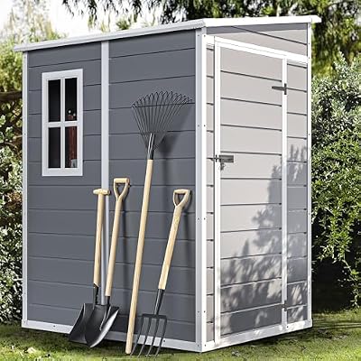 DWVO 5x4 FT Outdoor Storage Shed with Floor, All-Weather Resin Storage Shed with Lockable Door & Window, Waterproof Plastic Tool Storage for Garden, Backyard, Patio, Lawn, Gray