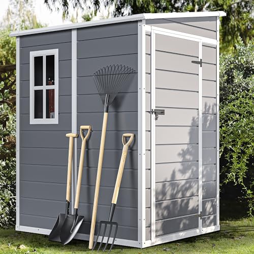 Image of DWVO 5x4 FT Outdoor Storage Shed with Reinforced Floor, All-Weather Resin Storage Shed with Lockable Door & Window, Waterproof Plastic Tool Storage for Garden, Backyard, Patio, Lawn