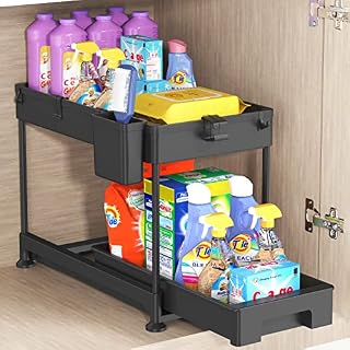 SPACEKEEPER Under Sink Storage Shelf,2 Tier Slide Out Under Cabinet Basket Drawer,Multi-Purpose Slim Organizer for Kitchen Bathroom,Bottom Slide Out Basket,40x22x31cm,Black