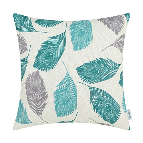 CaliTime Canvas Throw Pillow Cover Case for Couch Sofa Home Decoration Peacock Feathers 18 X 18 Inches Grey Teal Turquoise