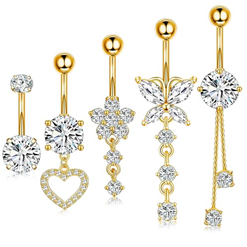 ZHITENG 5 Pièces Piercing Nombril Acier Chirurgical, Belly Button Rings Pendentif Long, Piercing Nombril Acier Inoxydable Comprend des Formes de Papillon, de...