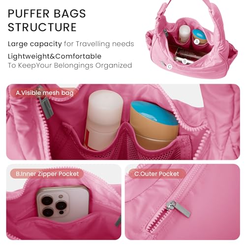 Image of Small Puffer Crescent Shoulder Bag for Women Lightweight Water-Resistant Nylon Purse with Adjustable Strap & Multiple Pockets
