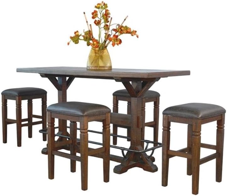 Pemberly Row 5-Piece Rectangular Pub Table Set, Mahogany and Mindi Solids, Veneers and Powder-Coated Metal, Industrial Style Counter Height Dining Set with Footrest for Kitchen or Game Room Use