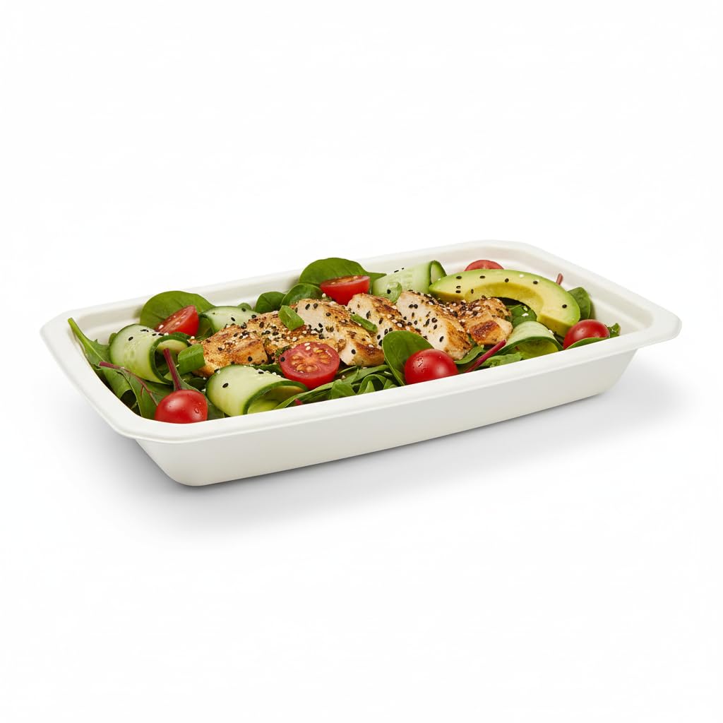 PacknWood - 90 Bandejas con Tapa Sellable GN Blanco Pulpa | Ø32,5 cm | Hostelería Catering, Desechable, Ecológico, Microondable, Restaurante Eventos