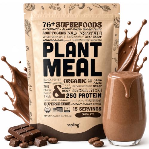 Plant Meal Replacement Shake - Chocolate - 25g of Plant Based Vegan Protein Powder, 76+ Organic Superfoods, Vitamins & Minerals, Mushrooms, Super Greens, Digestive Enzymes & Probiotics - 15 Servings