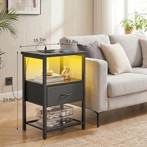 Image of Fixwal Night Stand with Charging Station, LED Nightstand Side Table with Fabric Drawers PU Finish, End Tables Bedroom, Bedside Table, Black