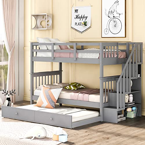 Biadnbz Stairway Twin Over Twin Bunk Bed With Trundle And Storage Stairs, Solid Wood Bunkbeds Frame W/Safety Guardrails, Bedroom Furniture For Kids Teens Adults, Gray #TOP6