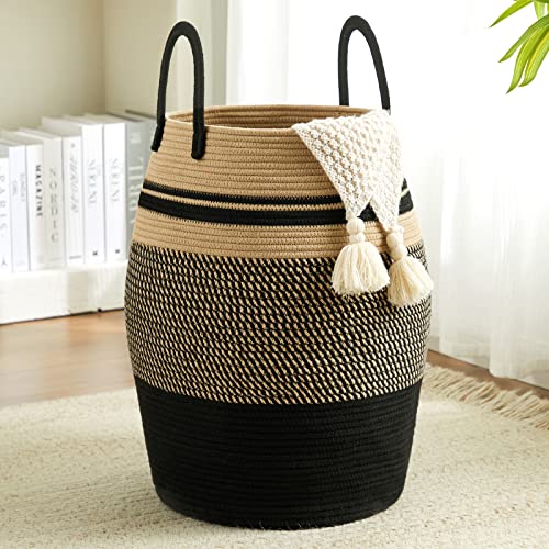 Image of 105L Extra Large Laundry Hamper Basket by Fiona's magic, Woven Tall Clothes Hamper for Storage Blanket, Toys and Dirty Cothes in Bedroom and Living Room Organizer, Brown & Black