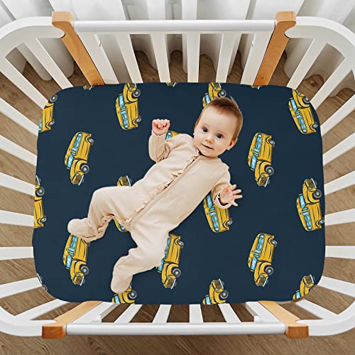 Image of School Bus Cartoon Crib Sheets Soft Breathable Fitted Baby Playard Sheets Mattress Cover for Girl Boys, 39 inch x 27 inch x 5 inch