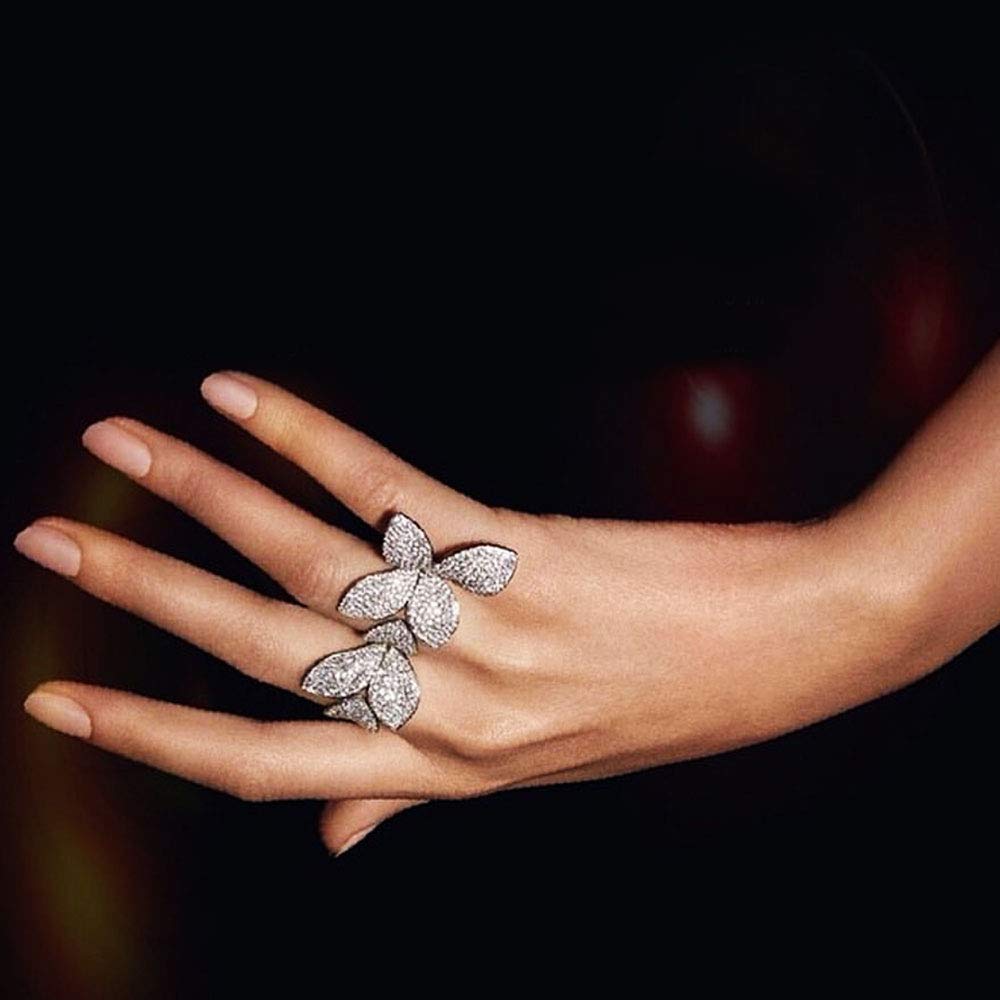 SLJELY 925 Plata de Ley Lujo Hoja Flor AAA Cubic Zirconia Anillo redimensionable para Mujeres Brillo Elegante Fiesta Anillos Hechos a Mano