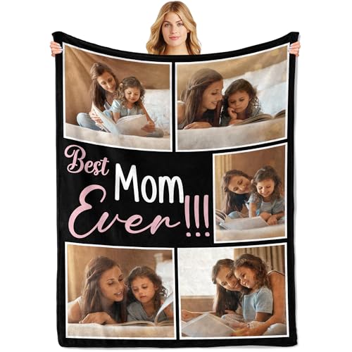 Ecautly Ship Next Day Personalized Mothers Day Birthday Gifts for Mom Wife from Daughter Son Husband Custom Best Mom Ever Blanket with Photos Customized Christmas for Wife Grandma Women