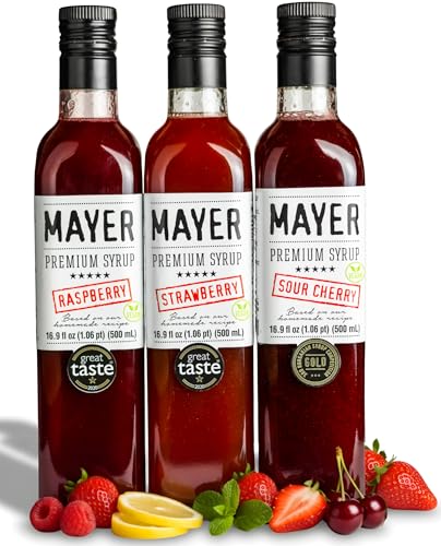 Image of Mayer Strawberry, Raspberry, Sour Cherry Syrups - Award-Winning, Crafted with 100% Real Fruits and 3 Natural Ingredients, Vegan, Gluten Free, Dairy Free, Versatile for Beverages & Desserts - No Artificial Additives, Rich Authentic Flavor, (16.9 Fl oz. / 500 ml, 3 PACK )