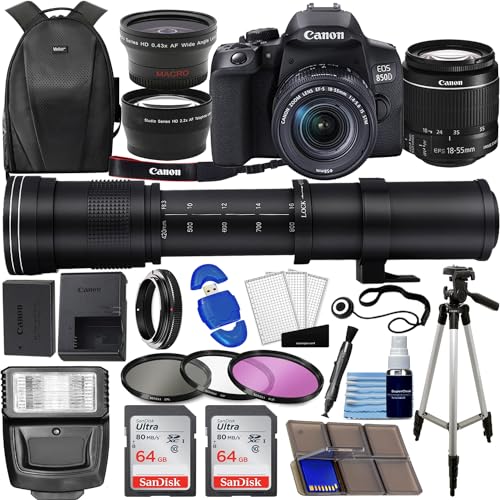 Canon EOS 850D (Rebel T8i) DSLR Camera w/ 18-55mm Lens + 420-800mm HD Super Zoom Lens + Wide Angle & Telephoto Lenses + 2x 64GB Memory + 3PC Filter Kit + Case + Tripod + Pro Bundle (Renewed)