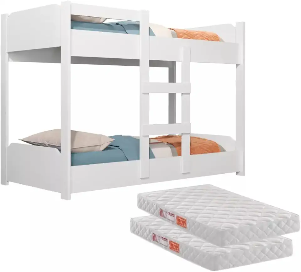 Beliche Infantil 2 em 1 Transforma- se em Minicama 100% MDF com Grades de Proteção e Escada Segurança e Conforto para crianças Acompanha 2 Colchões de 1,50m para mais Praticidade (Branco)