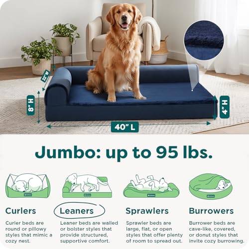 Image of Furhaven Orthopedic Dog Bed for Large Dogs w / Removable Bolsters & Washable Cover, For Dogs Up to 95 lbs - Plush & Velvet L Shaped Chaise - Deep Sapphire, Jumbo /XL